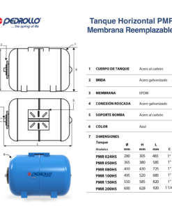 Componentes tanques Horizontal PMR membrana reemplazable Pedrollo